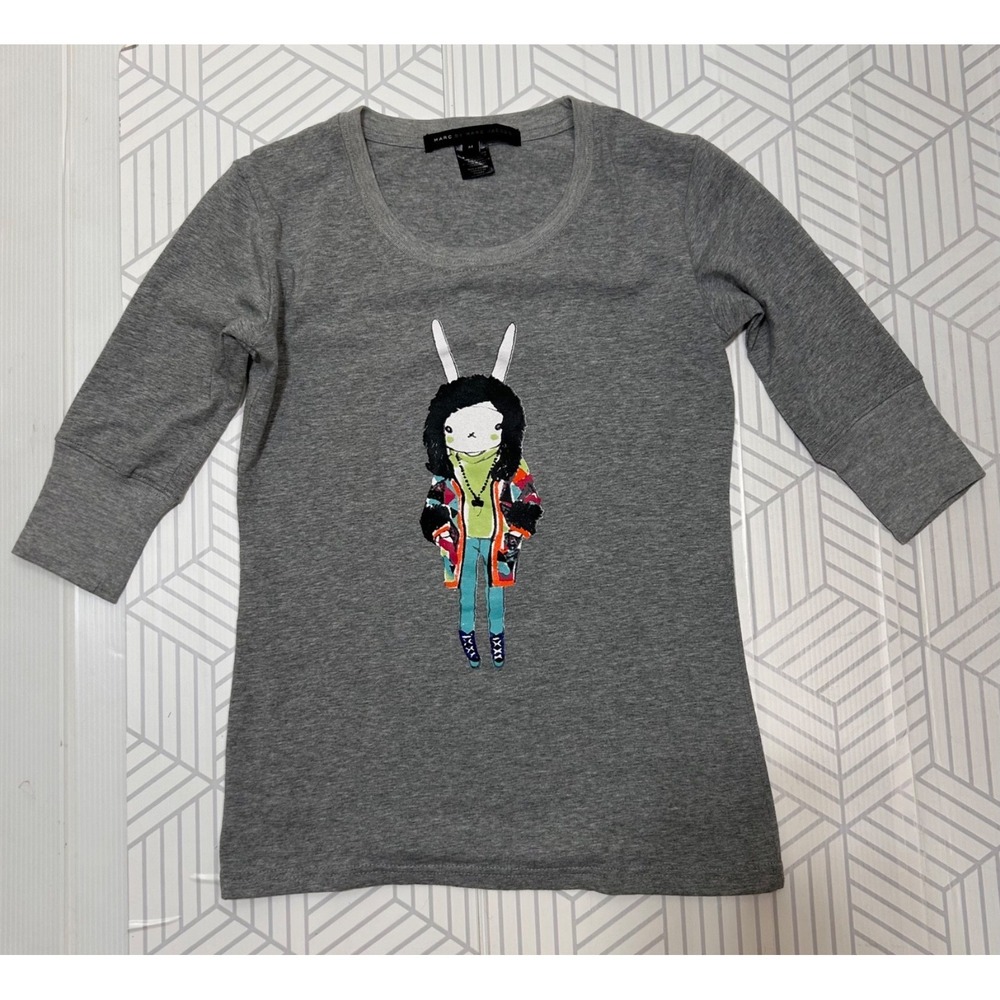Marc Jacobs Graphic Tee Women's size M fits S Bunny Print 3/4 Sleeve k